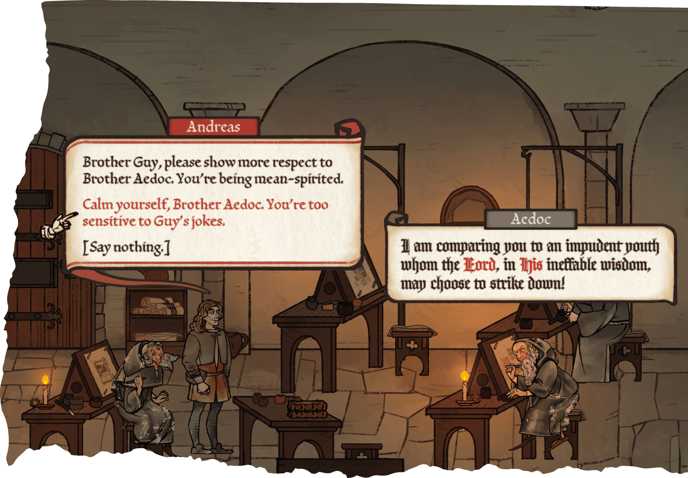 <b class="accent">FIG. 19 — </b> Dialogue selections from Obsidian’s Pentiment.