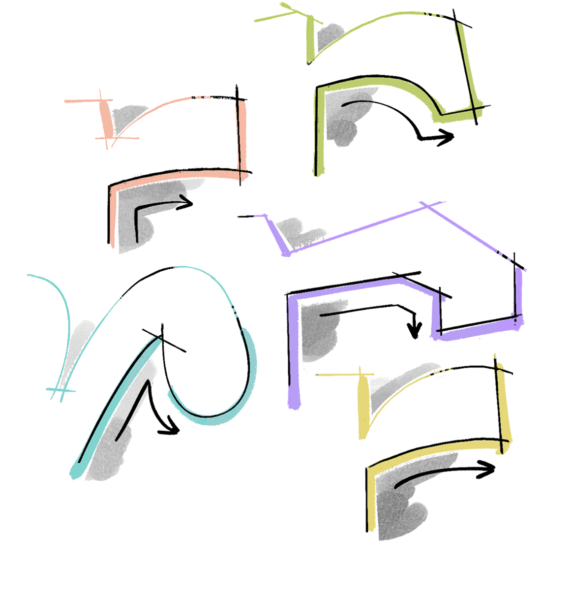 <b>FIG. 7</b> — Each of the five Monaspace font families takes a different approach to letter constructions to give users a flexible toolkit of styles to choose from. The lowercase <mono><b>r</b></mono> terminal in each design shows these ideas particularly well.