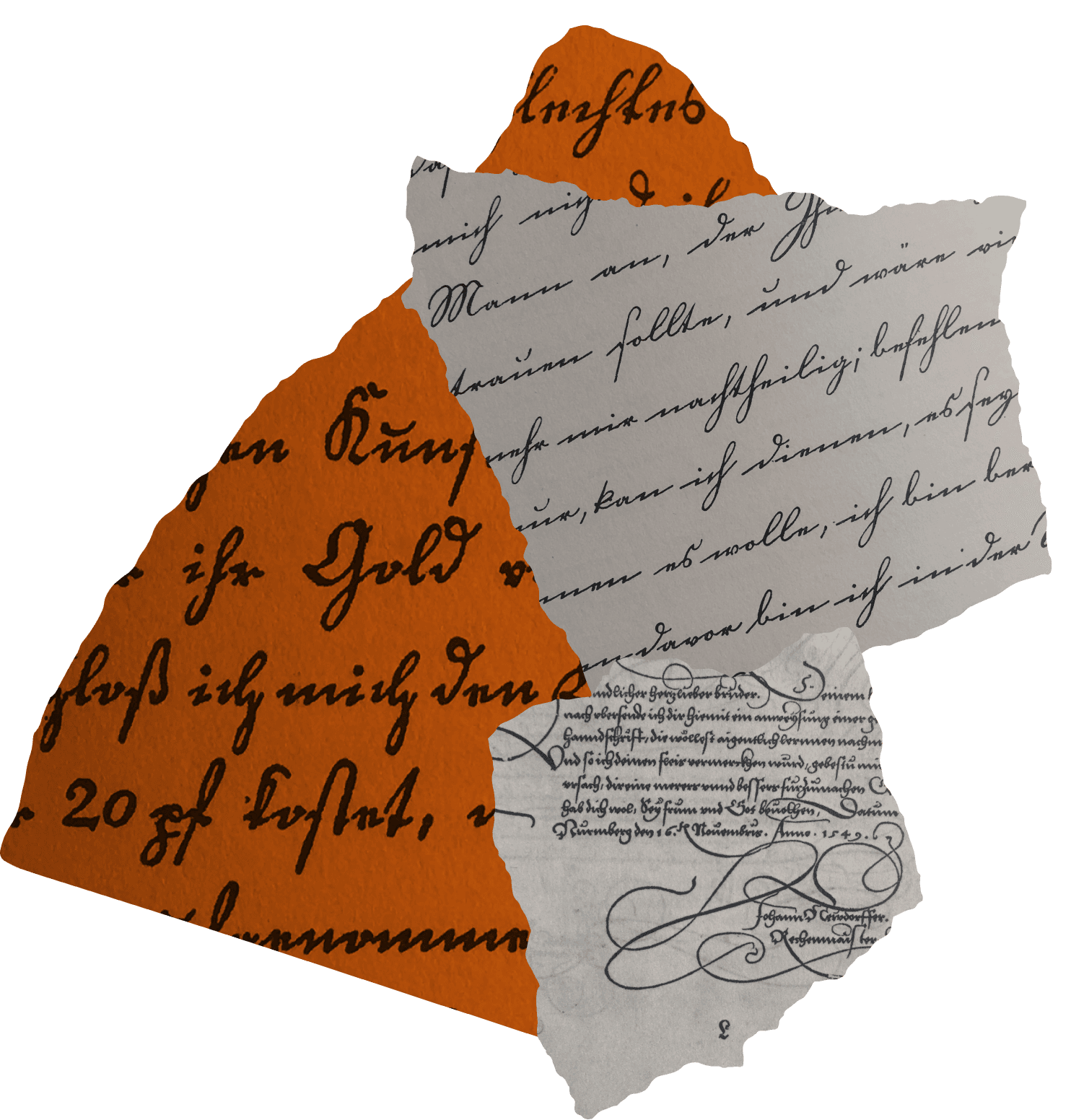 <b class="accent">FIG. 5 — </b> Left (orange): German Schreibschrifts (1793); top right: a Schreibschrift of unknown origin, both from *An Introduction to the History of Printing Types* by Geoffrey Dowding (1961). Bottom right: Anton Neudörffer, Schreibkunst, Nuremburg (1601) from *Two-Thousand Years of Calligraphy* by Dorothy E. Miner.