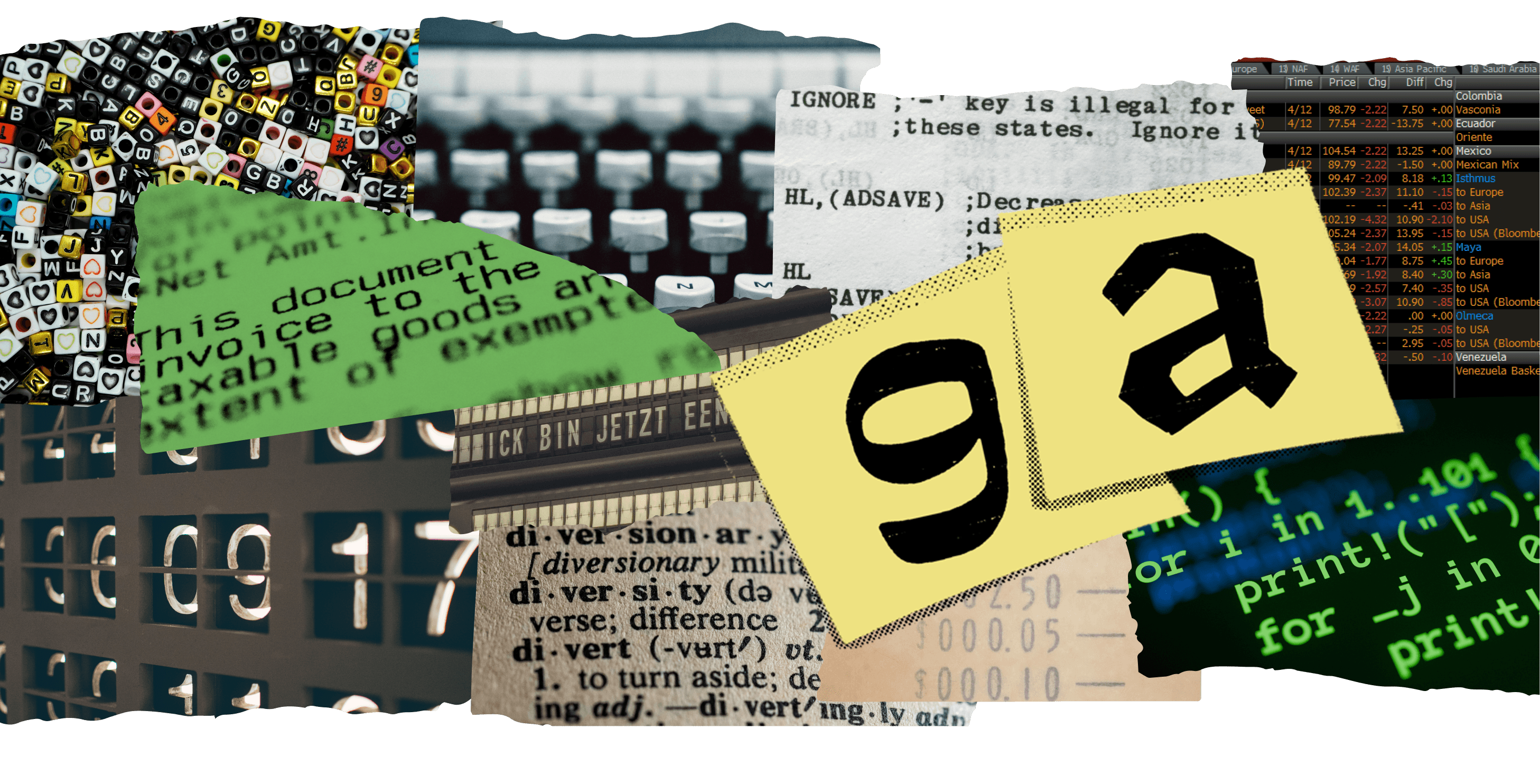 <b>FIG. 5 </b> — We interact with monospaced letterforms in all types of situations, in both obvious and less obvious forms: in our code editors, on financial spreadsheets, receipts, on travel boards, typewriters, and even on craft beads. The yellow overlay shows early prototype drawings from the Lettermatic team, exploring the edges of how far the monospace genre could be pushed with reverse-contrast and chiseled styles.