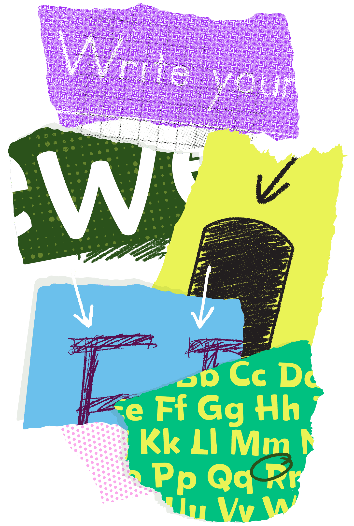 <b class="accent">FIG. 6 — </b> Top (purple): A writing exemplar, one of our early pieces of inspiration for Chia. Dark green: The slight bow in “w” adds a hand-drawn quality. Lime green: Danelle’s experimental sketch showing a domed termination. Blue: Riley’s sketch showing capital overhangs. Bottom (teal): Completed Chia alphabet.