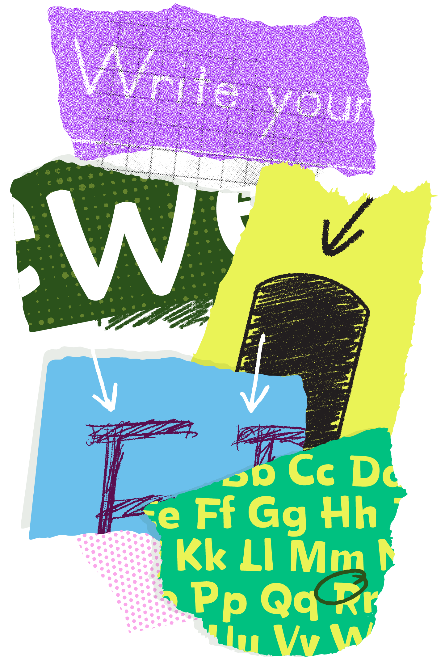 <b class="accent">FIG. 6 — </b> Top (purple): A writing exemplar, one of our early pieces of inspiration for Chia. Dark green: The slight bow in “w” adds a hand-drawn quality. Lime green: Danelle’s experimental sketch showing a domed termination. Blue: Riley’s sketch showing capital overhangs. Bottom (teal): Completed Chia alphabet.