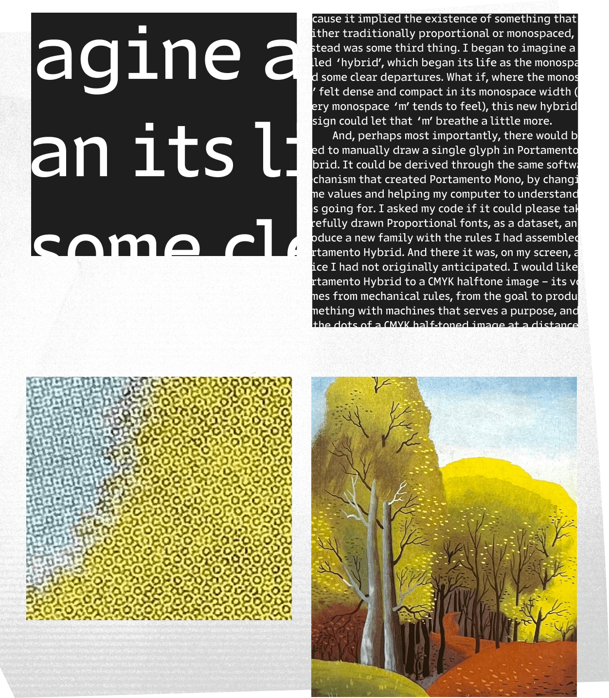 <b class="accent">FIG. 15 — </b> Top: comparison of Portamento in detail and in paragraph text. Bottom: comparison of printing detail and completed work of Poster for London Transport by E. McKnight Kauffer (Color in Advertising, 1956).