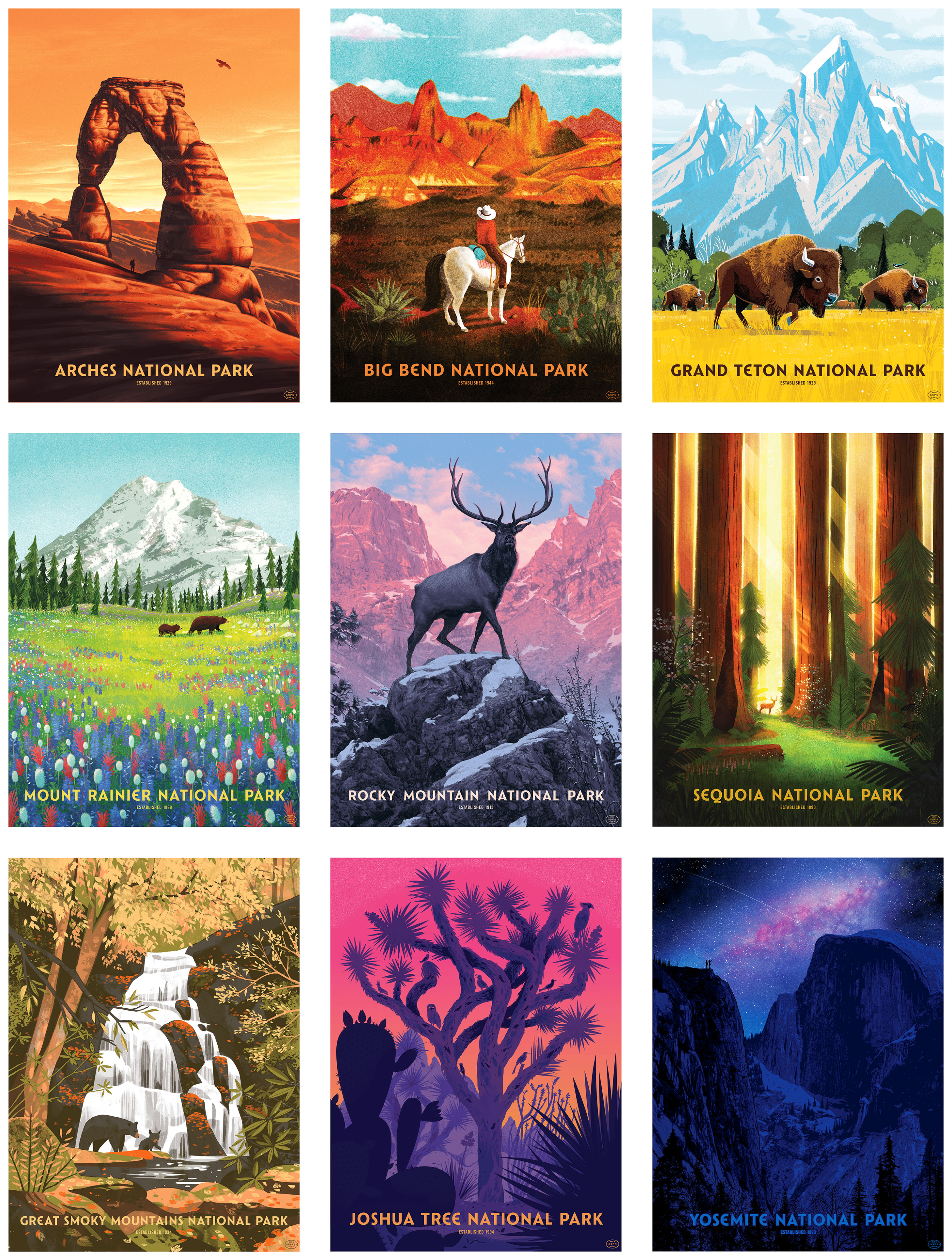 <b class="accent">FIG. 8 — </b> Arches National Park by Nicolas Delort, Big Bend National Park by Brave the Woods, Grand Teton National Park by Kim Smith, Mount Rainier National Park by Glenn Thomas, Rocky Mountain National Park by Rory Kurtz, Sequoia National Park by Glenn Thomas, Great Smoky Mountains National Park by Chris Turnham, Joshua Tree National Park by Little Friends of Printmaking, and Yosemite National Park by Dan McCarthy.