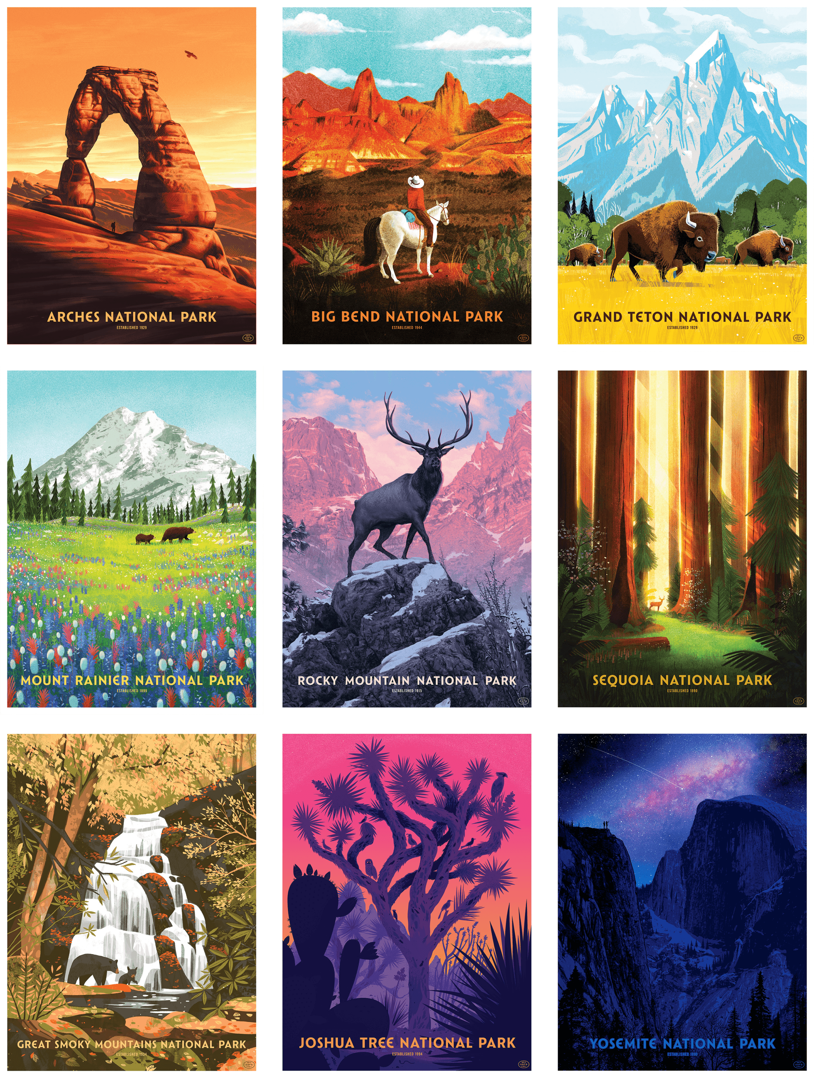<b class="accent">FIG. 8 — </b> Arches National Park by Nicolas Delort, Big Bend National Park by Brave the Woods, Grand Teton National Park by Kim Smith, Mount Rainier National Park by Glenn Thomas, Rocky Mountain National Park by Rory Kurtz, Sequoia National Park by Glenn Thomas, Great Smoky Mountains National Park by Chris Turnham, Joshua Tree National Park by Little Friends of Printmaking, and Yosemite National Park by Dan McCarthy.