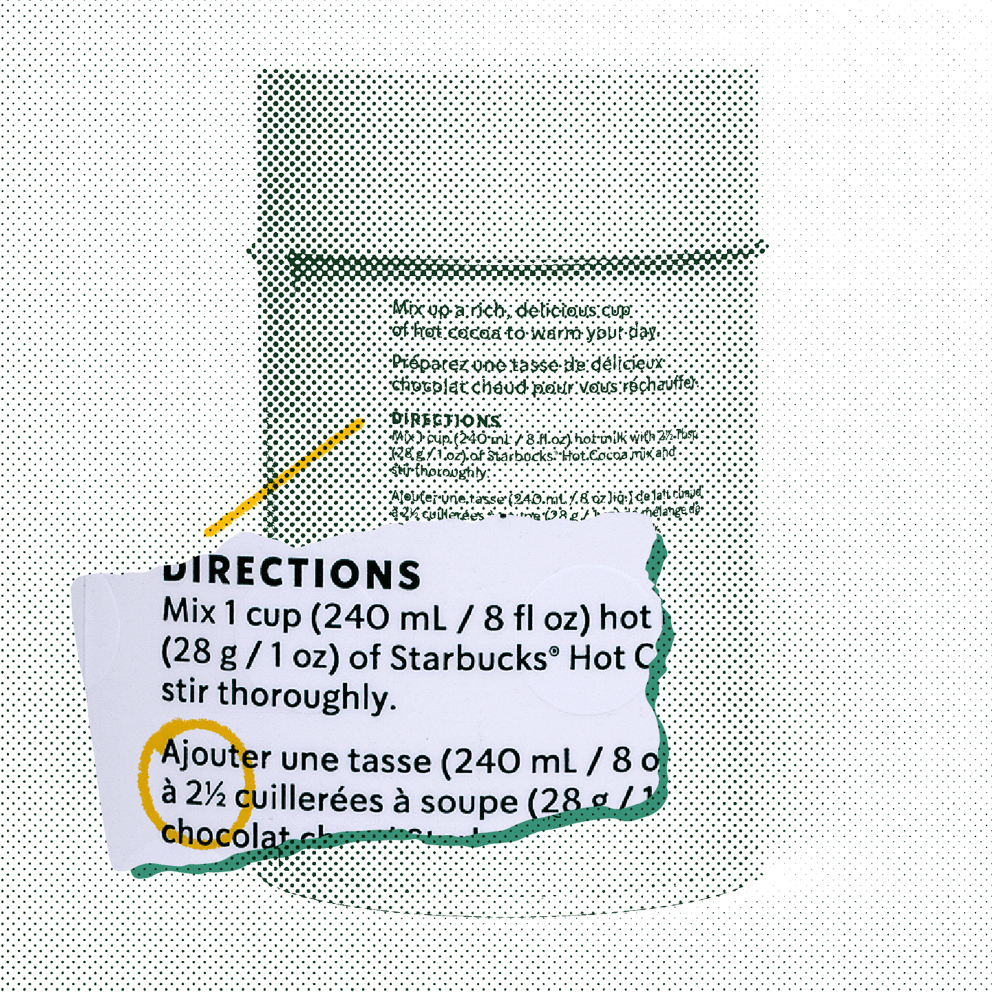 <b class="accent">FIG. 21 — </b> A SoDo Sans fraction in use, on the back of a Canadian retail market hot chocolate package. Design: Starbucks. Photo: Janis Brass