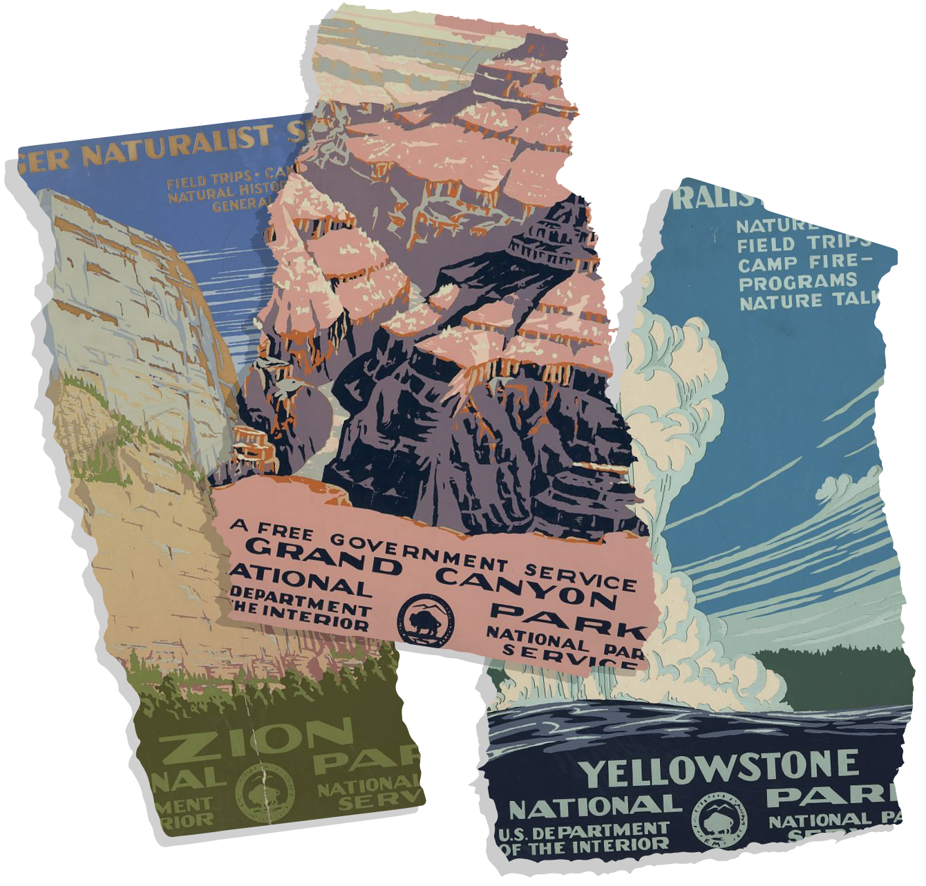 <b class="accent">FIG. 1 — </b> Original WPA Posters featuring (left to right) Zion, Grand Canyon, and Yellowstone National Parks. Artist C. (Chester) Don Powell and printed by Dale Miller. [ca. 1938]. [Source: Library of Congress.](https://www.loc.gov/pictures/search/?st=grid&co=wpapos) See carousel below for full poster designs.