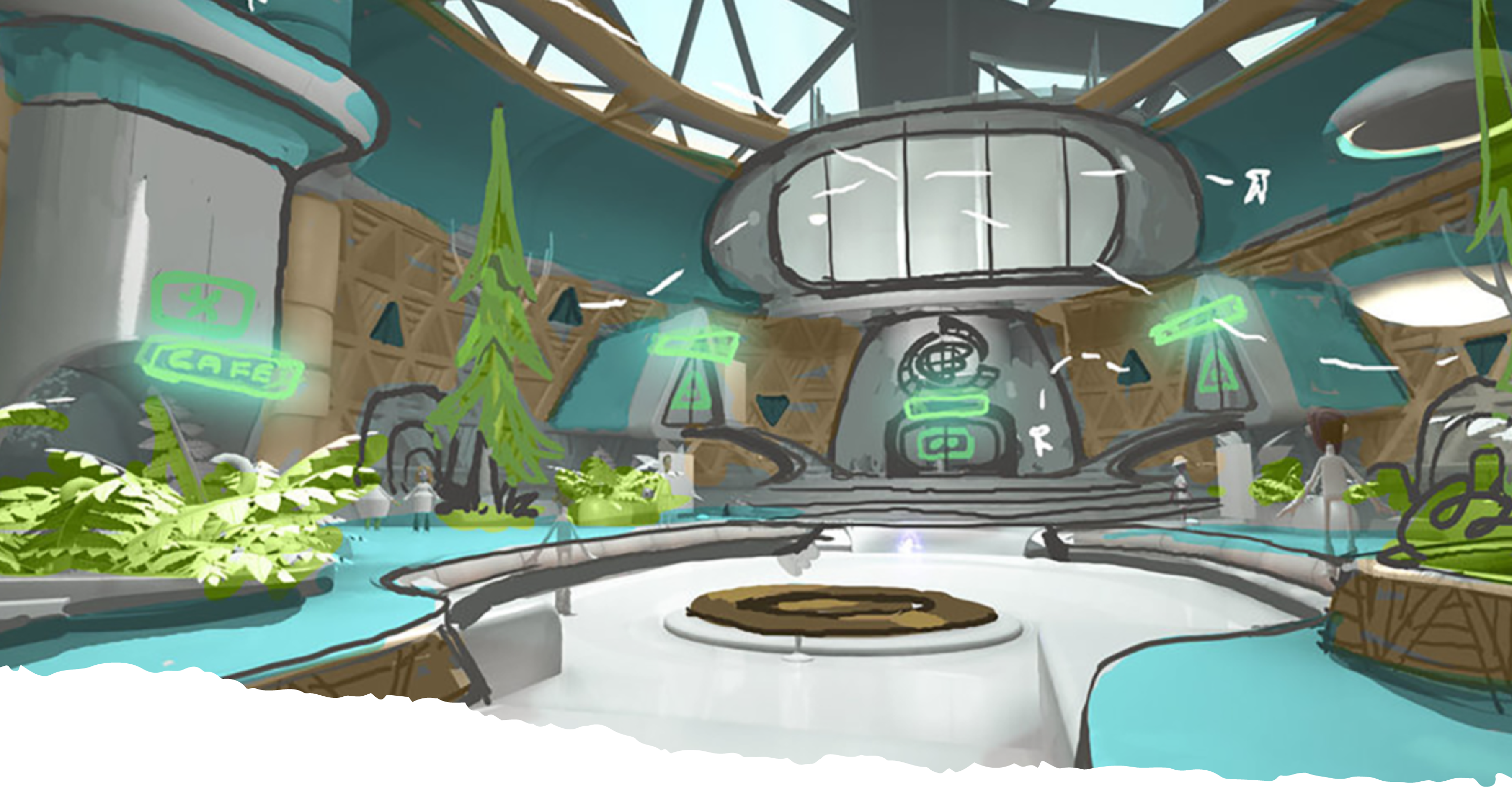<b class="accent">FIG. 4 — </b> Early concept art by Levi Ryken, Geoff Soulis, Lisette Titre-Montgomery, and Nathan "Bagel" Stapley on the Psychonauts 2 creative team, provided to Lettermatic as inspiration.