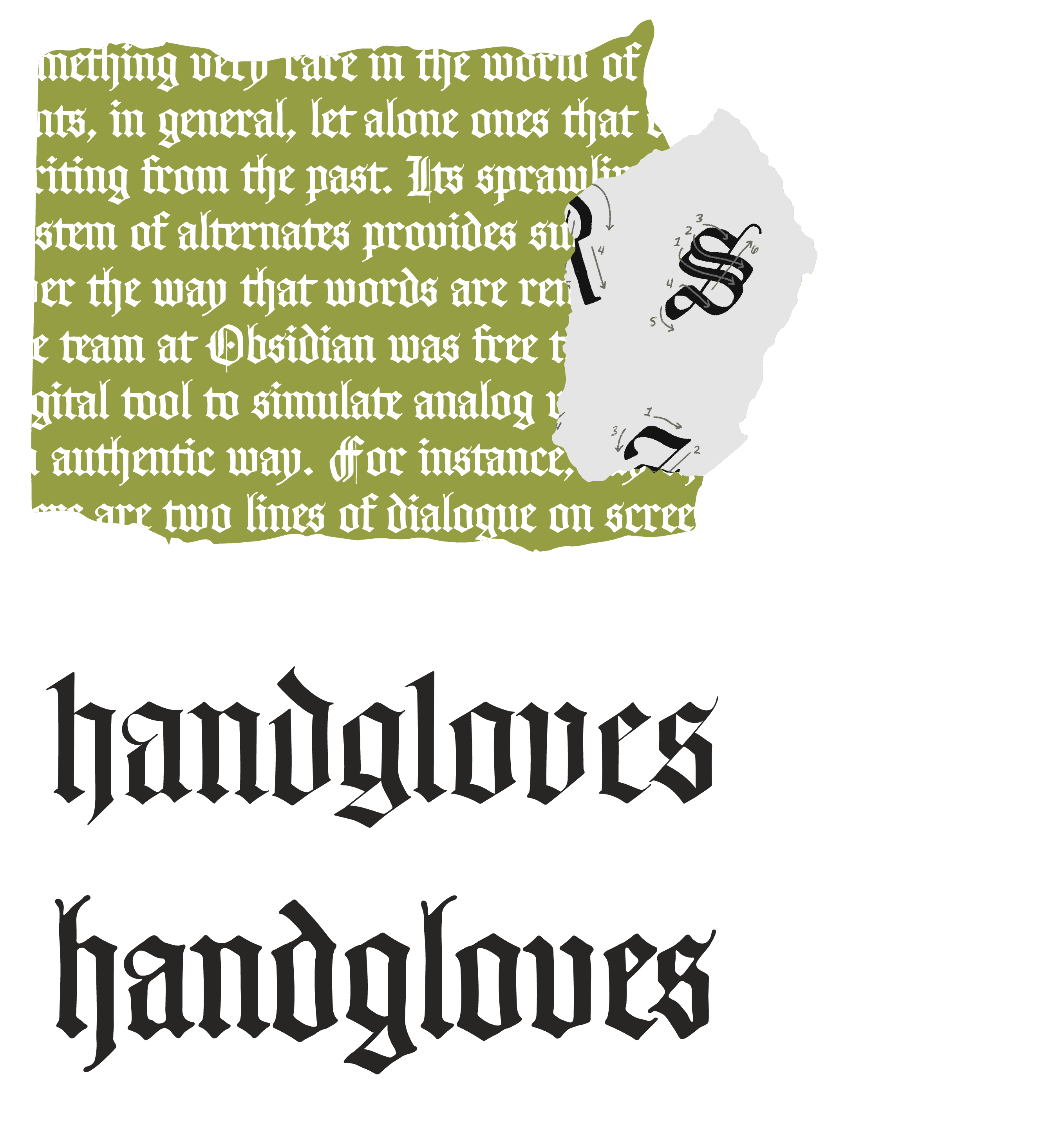 <b class="accent">FIG. 12 — </b> Top left: Monastic Script in-use. Top right: The ductus diagrams for Monastic Script created by Lettermatic. Bottom: Comparison of the precise and crisp first draft of Monastic Script (top) and the final design with ink-bleed and overlap effects (bottom).