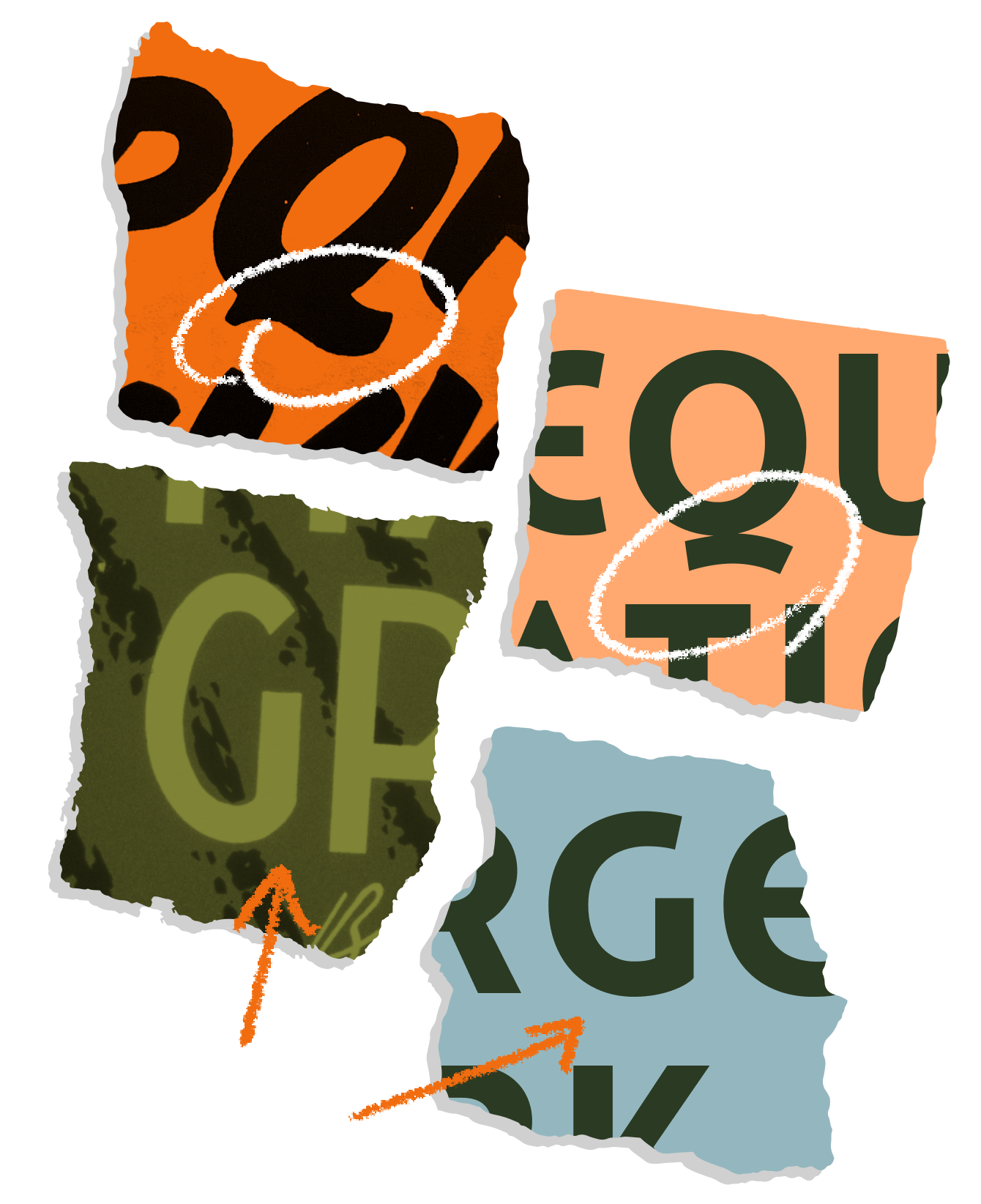 <b class="accent">FIG. 6 — </b> Left, the sign painting samples that inspired unique characteristics of Catlin including  the brush-like ‘Q’ tail (top right) and minimal ‘G’ form (bottom right).