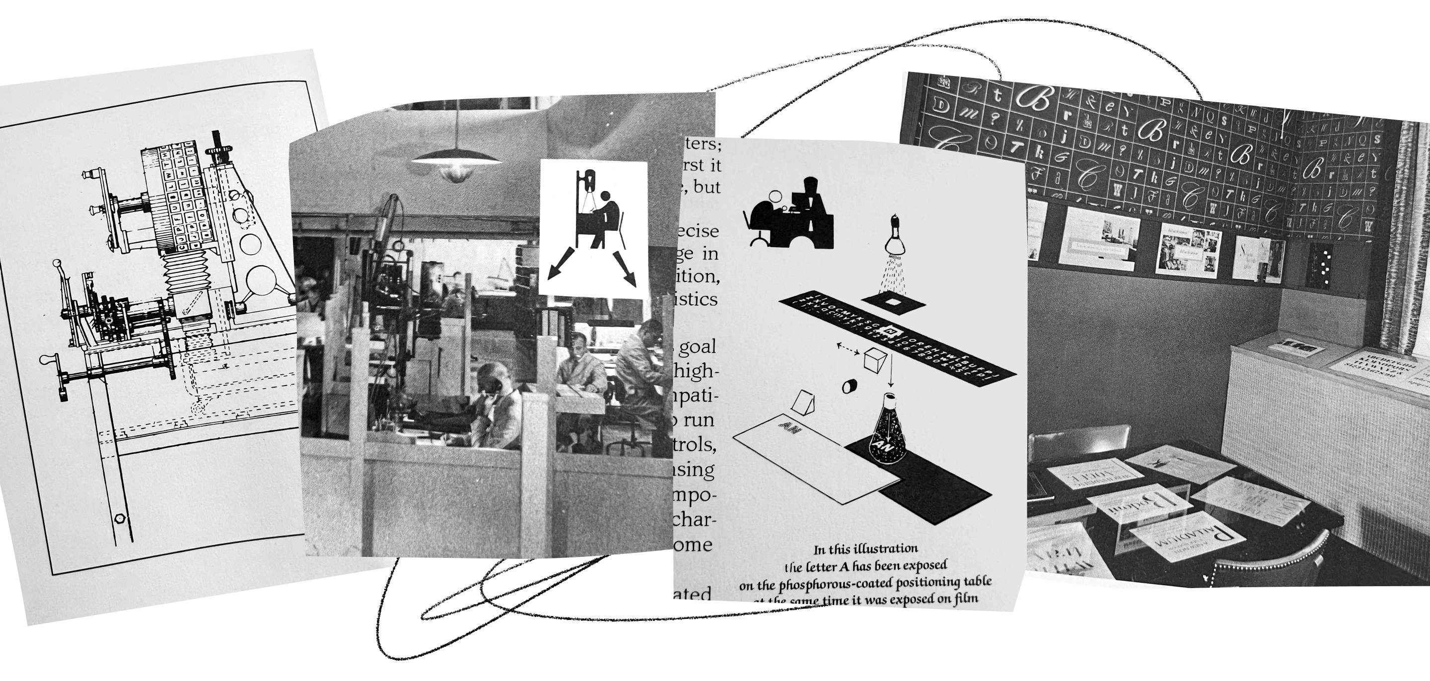 <b class="accent">FIG. 5 — </b> Photographs of the Photo-Lettering Incorporated offices and equipment, from Ed Rondthaler’s book ‘Life with Letters’.
