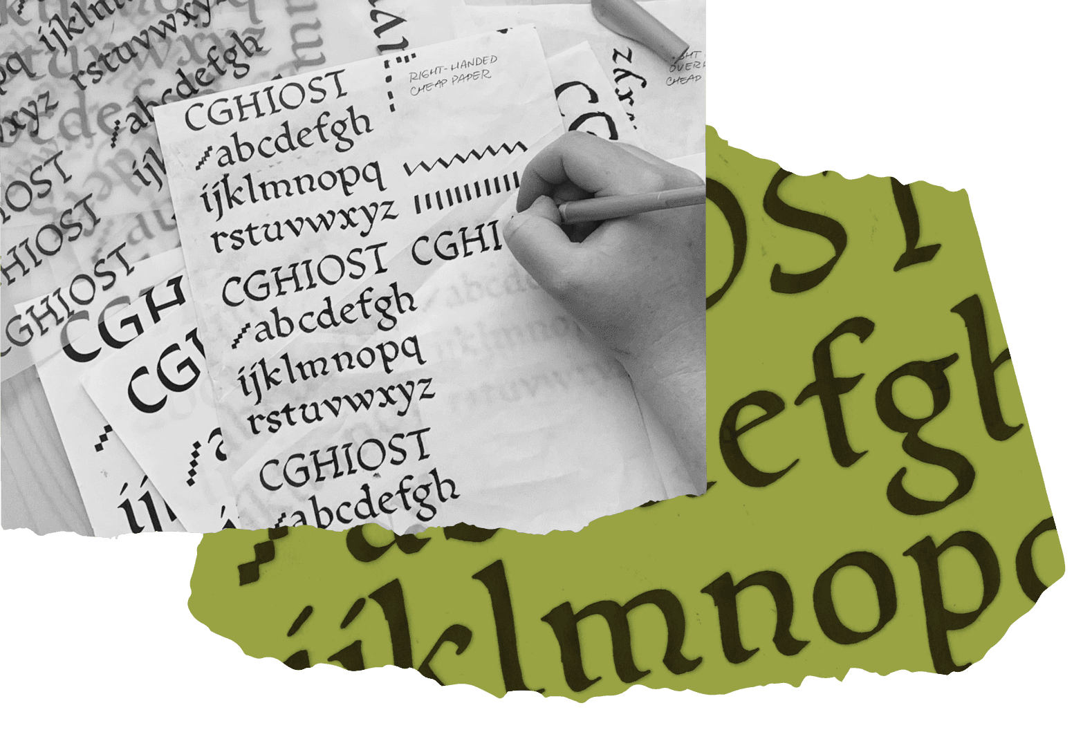 <b class="accent">FIG. 9 — </b> Left: Danelle inking Riley’s Humanist Script  on various materials to achieve different textural effects. Right (green): A scan of the Humanist Script inkings.