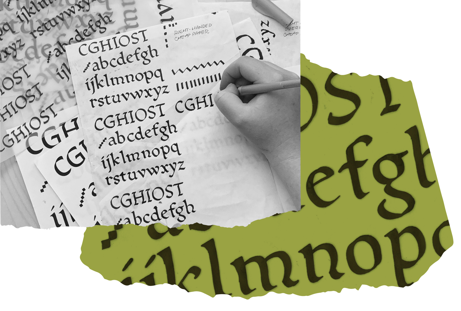 <b class="accent">FIG. 9 — </b> Left: Danelle inking Riley’s Humanist Script  on various materials to achieve different textural effects. Right (green): A scan of the Humanist Script inkings.